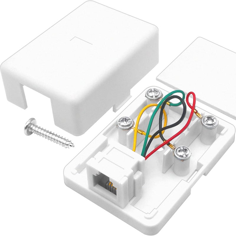 NECABLES Phone Jack Surface Mount Single Port Telephone Jack Box 4 Screw Terminals to 1 RJ11 6P4C Female White - Image 1